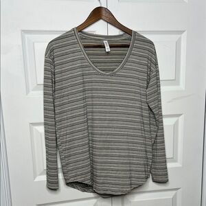 Athleta Black and White Striped V-Neck Long Sleeve Top M